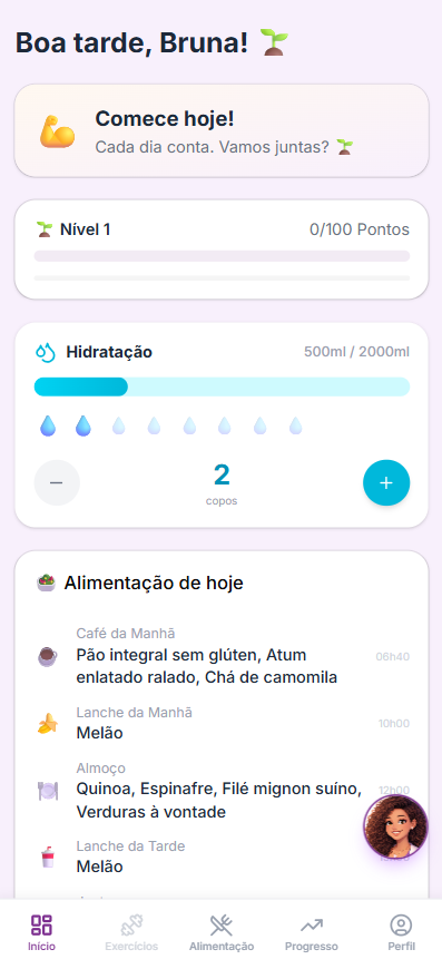 Tela inicial do LipeLeve com hidratação, gamificação e resumo do dia
