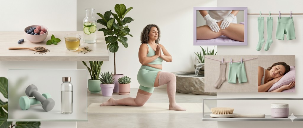 Mulher praticando yoga, alimentação saudável e cuidados para lipedema